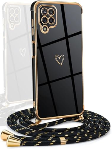 YAMCCCSE Frauen Mädchen Handykette für Samsung Galaxy A12/ M12 - Silikon Hülle mit Band - Handyhülle für Samsung Galaxy A12/ M12 Herz Love Design Galvanik - Hülle mit Kordel in schwarzes