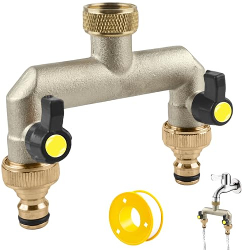 2-Wege Wasserhahn Wasserverteiler aus Messing mit PTFE Gewindedichtband für 2 Geräte/Gartenschläuche, Wasseranschluss Verteiler mit 2 Stück 3/4 Zoll auf 1/2 Zoll Hahnanschlussür Haus Hof Waschmaschine