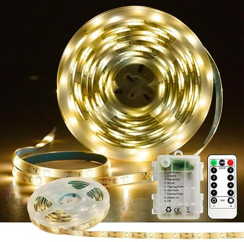 LED Streifen Batteriebetrieben,5 Meter LED Strip Selbstklebend,mit 8 Modi Timer Fernbedienung,Wasserdicht Lichtleisten Flexibler Schneidbar,für Schlafzimmer Schrank Zuhause Dekoration(Warmweiß)