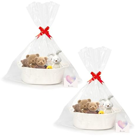 Goodheim Geschenkkorb Leer, Geflochten Korb für Geschenke mit Geschenkfolie Transparent und Geschenkschleife, Präsentkorb Leer für Halloween Erntedank Weihnachten Weiß 2er Pack