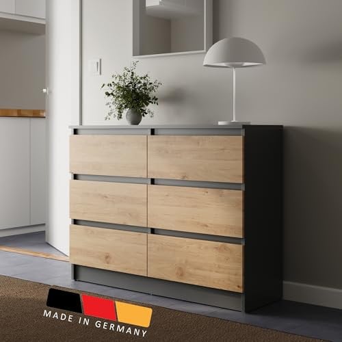 Kommode 100cm breit mit 6 Schubladen Kommode anthrazit artisan-eiche Holz Schrank mit Schubladen Sideboard Highboard Schlafzimmer Wohnzimmer Flur Büro Organizer Breite 100 cm Höhe 78 cm