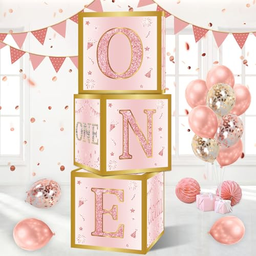 Decoración Cajas de Primer Cumpleaño Niñas, 3pcs Caja de Cumpleaños Rosa, ONE caja para Decoracione Fiesta de Primer Cumpleaños, Suministros Fiesta de Un Año