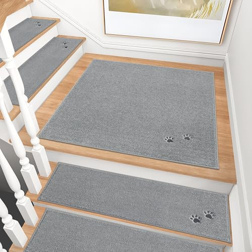 BEQHAUSE Treppeneckmatten Stufenmatten Innen rutschfest, Maschinenwaschbare Treppenteppich für Kinder, Älteste und Haustiere, 100% Polyester TPE -Rücken, 76X76cm, Grau
