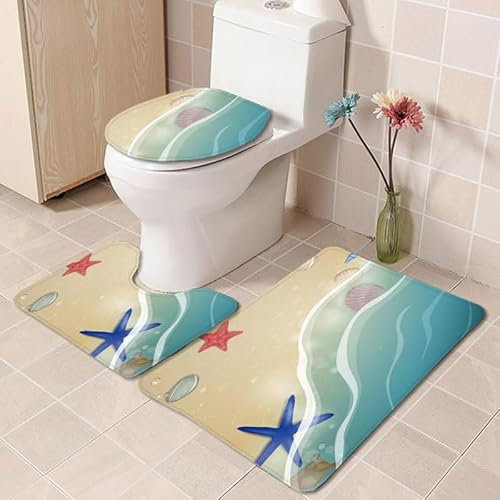 Badezimmerteppich Blauer Strandsterne WC Vorleger mit Ausschnitt WC Deckelbezug 3 Teiliges WC Teppich rutschfeste Badgarnitur U förmiger Badematte Waschbar Bad Teppiche Set 50x80 cm