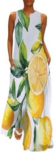MLSOWM Damen Maxikleid Gelbe Zitrone Drucken V-Ausschnitt Aquarell-Baumzweige Plus Size Sommerlanges Kleid Lang Strandkleid mit Taschen