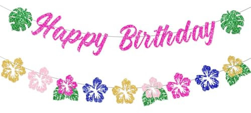 Happy Birthday Banner Glitzer, Sommer Party Dekoration, Hawaii Party Banner, Beach Party Deko, Geeignet für Geburtstagsdekorationen mit Sommer-, Strand- und Hawaii-Pool-Thema(A)