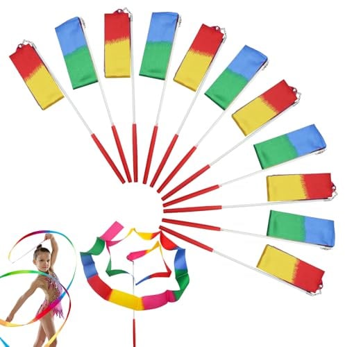 POPAPIE 12 Pezzi Nastri da Ballo,Nastro da Ginnastica Colorato,Nastri da Danza,Ginnastica Ritmica Bacchetta,Dance Ribbons per Bambini Balli Artistici Ginnasticà Spettacoli di Carnevale (2m)