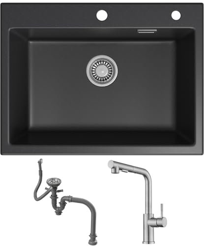 HOROW Spülbecken Schwarz Anthrazit 60 x 45 CM + Ausziehbarer Küchenhahn Chrom Silber, Spüle Küche aus Granit mit Siphon, Küchenspüle 1 Becken Eckig, Einbauspüle mit 2 HahnLöcher