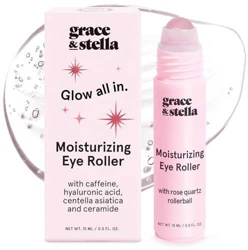 grace & stella Under Eye Brightener with Rose Quartz Rollerball - Hyaluronic Acid & Caffeine Eye Serum for Dark Circles and Puffiness - Travel Size Toiletries - Vegan Skincare (15ml / 0.51floz)