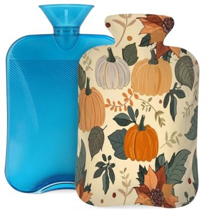 Myfsucce 2L Hot Water Bottle with Cover Autumn Pumpkins Pattern Print - Reusable PVC Hot Water Bag for Pain Relief, Cramps & Warmth (12.2x8in)