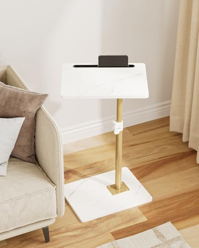 HEYZOEY C-Shaped Side Table Adjustable, 360° Swivel Sofa End Table, 40x30x45-83cm, Small Coffee Table, Bedside Table for Living Room, Bedroom (White Marble)