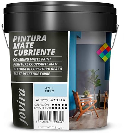 JOVIRA PINTURAS Pintura Mate Cubriente | Colores | Pintura interior-exterior con excelente poder cubriente. (4 Litros, Azul Cielo)-T