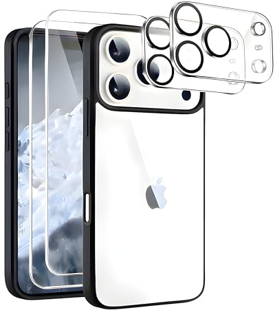 B&Jack Hülle für iPhone 17 Pro Max 6,9 Zoll mit 2 Displayschutzfolien & 2 Kameraschutzfolien, [Anti-Vergilbung] Stoßfeste Transparente Handyhülle nach Militärstandard – Schlankes Schutz-Set Schwarz