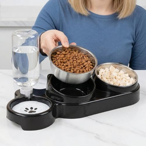 Vurixfo 3-in-1 Cat Food and Water Bowl Set, Tilted Stainless Steel Bowls with Stand Double Cat Food Bowl Pet Feeding Station with Water Dispenser For Small Medium Dogs Cats, Black