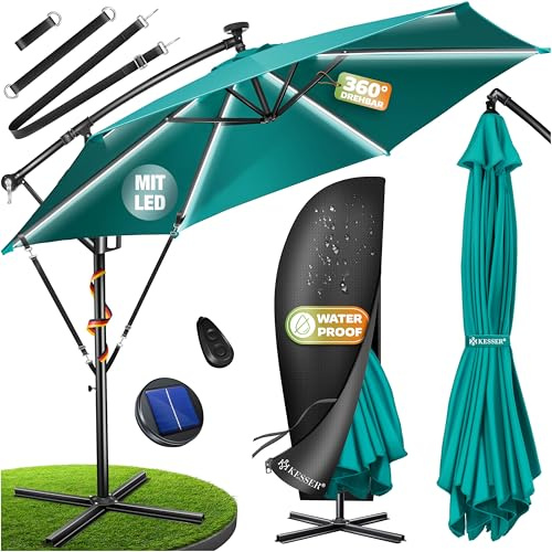 KESSER® Sonnenschirm Solar Ø 300 cm/Ø 350 cm mit LED Beleuchtung, Ampelschirm mit Kurbel, Garten, Sonnenschutz, Gestell & Ständer aus Alu, UV-Schutz, wasserdicht + Windfest, 360° Funktion + Hülle