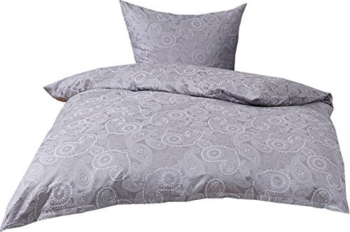 Mako Satin Damast Paisley Bettwäsche Garnitur Davos 155x220 + 80x80 weiß - grau
