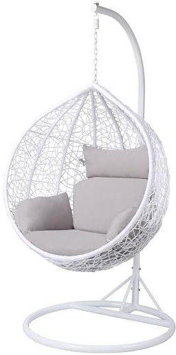 Yaheetech Rattan Swing Chair Outdoor Wicker Weave Hanging Swing Chair Indoor with Cushion and Cover for Living Room/Garden/Patio White