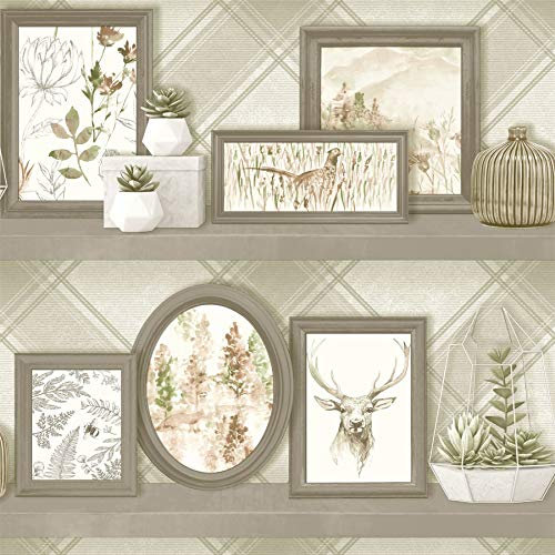 Stag Frames Wallpaper Animal Print Pheasant Floral Flowers Beige Grey Holden