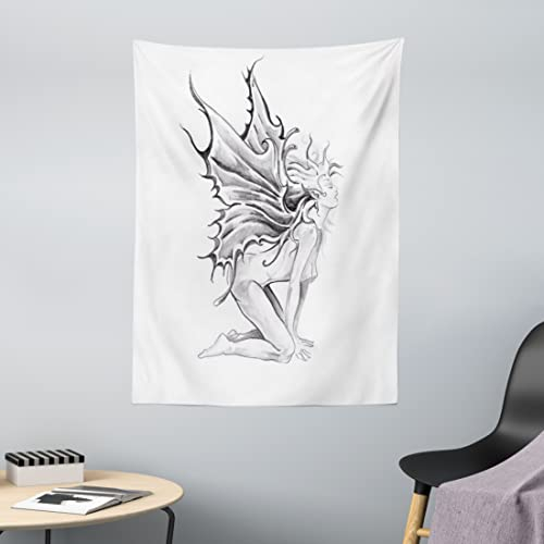 ABAKUHAUS Tattoo Wandteppich, Bleistift Zeichnung Kunstdruck Akt öffnet Seine Engelsflügel Druck, aus Weiches Mikrofaser Stoff Wand Dekoration Für Schlafzimmer, 110 x 150 cm, Schwarz und Weiß