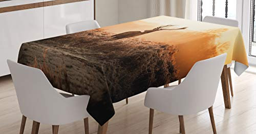 ABAKUHAUS Jagd Tischdecke, Deer Morning Sun, Pflegeleicht Waschbar Schmutzabweisend und mit Klaren Farben Hochwertiger Druck, 140 x 170 cm, Orange Braun