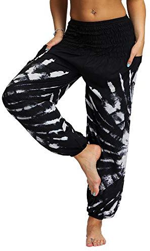 Nuofengkudu Damen Hippie Yogahosen Haremshosen mit Taschen Leichte Boho Muster Bunt High Waist Pumphose Sommer Lockere Strandhose (Schwarz B,One Size)
