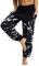 Nuofengkudu Damen Hippie Yogahosen Haremshosen mit Taschen Leichte Boho Muster Bunt High Waist Pumphose Sommer Lockere Strandhose (Schwarz B,One Size)