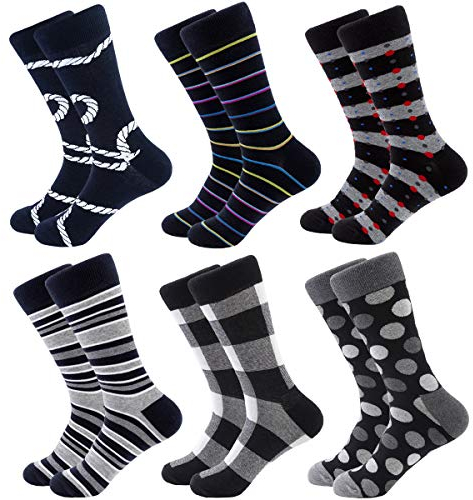Mens Colorful Dress Socks - Funky Pattern Socks Novelty Smart Design Cotton Casual Calf Socks 6 Pairs, UK6-11.5, Black Series