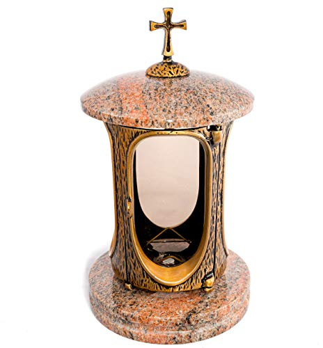 Stilvolle Grablaterne Elégant mit Kreuz Granit Multicolor Red Höhe 27 cm/Ø 15 cm Grableuchte Grablicht Grablampe Granitlampe Granitlaterne Bronze mit Sockel Grabschmuck