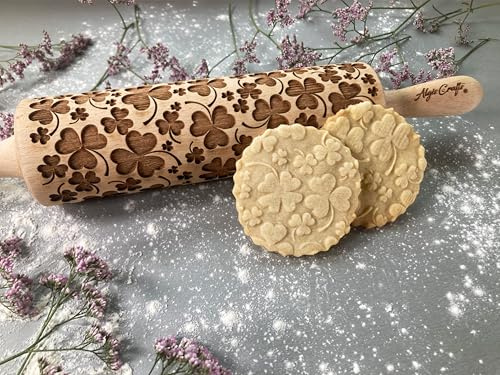 Teigroller mit KLEE für hausgemachtes Gebäck. Präge Teigroller mit Glück Klee, Irish. Gravierte Nudelholz mit Muster. Patrick's Day von Algis Crafts