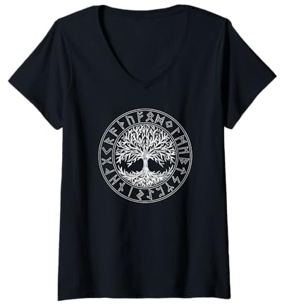Damen Baum des Lebens, Runen Kreis, Keltischer Lebensbaum, viking T-Shirt mit V-Ausschnitt