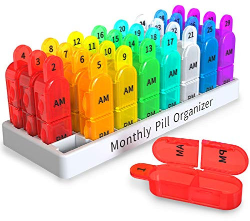 Monthly Pill Box Organiser 2 Times A Day Am Pm, Medicine Box with 32 Compartments to Hold Vitamin Pills, Tablet Box with Easy Open Design for Children Elder and Arthritic Hands