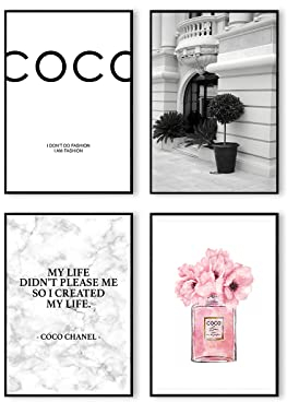 Postertech® Poster-Set | 4-teilig | Moderne Bilder als stilvolle Wanddeko | 4 x DIN A4 | Coco-Schriftzug, Weiß-Grau | ohne Bilderrahmen