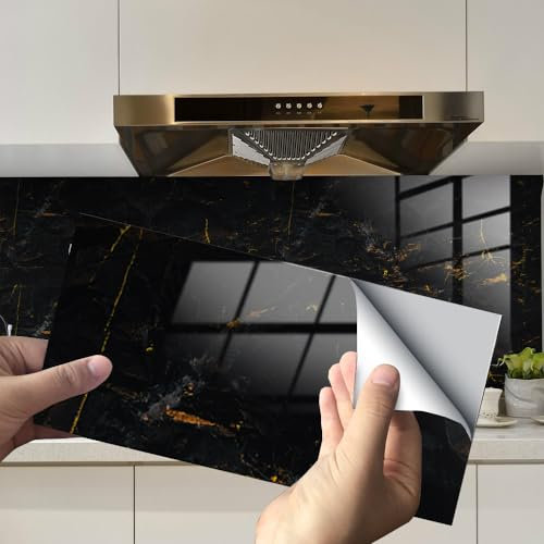 HORIWE Marble Tile Stickers for Bathroom Kitchen Backsplash Waterproof Oil Proof DIY Self Adhesive New PVC Wall Stickers Home Decor 12x6 Inches (Black+Gold Marble Pattern, 30x15cm(12x6) - 16PCS)