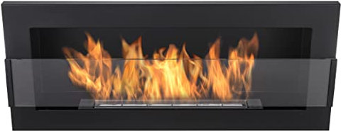 Biochimenea 90x40 cm. Bio Chimenea de color negro mate. Chimenea de bioetanol para colgar directamente en la pared o para montar en una abertura de pared. Chimenea de etanol con cristal.