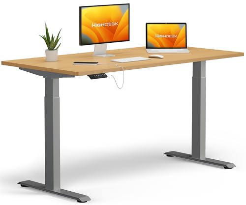 KRIEG HighDesk Basic Höhenverstellbarer Schreibtisch 180 x 80 cm I Silber + Buche - Elektrischer Sitz- & Stehtisch mit Tischplatte - Stehschreibtisch Elektrisch Höhenverstellbar