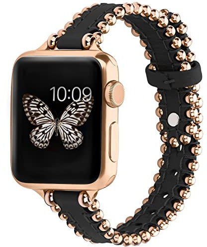 wutwuk Compatible Bracelet Apple Watch 38mm/40mm/41mm Cuir Véritable Femme Homme Bracelet de Remplacement avec Perles pour iWatch Series 8 7 6 5 4 3 2 1 SE/SE 2-Noir + Or Rose Boucle 38mm/40mm/41mm