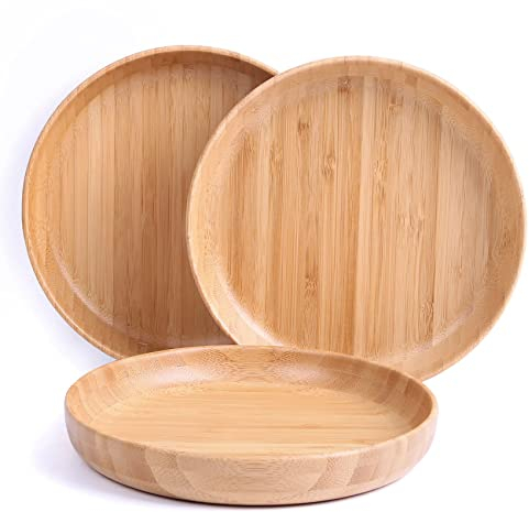 cluzelar Bamboo Plates Reusable Round for Food,Bamboo Serving Platter,Bamboo Dinnerware Sets,Tableware Set of 3,Cute Plate for Dessert,Appetizer,Cheese,Coffee