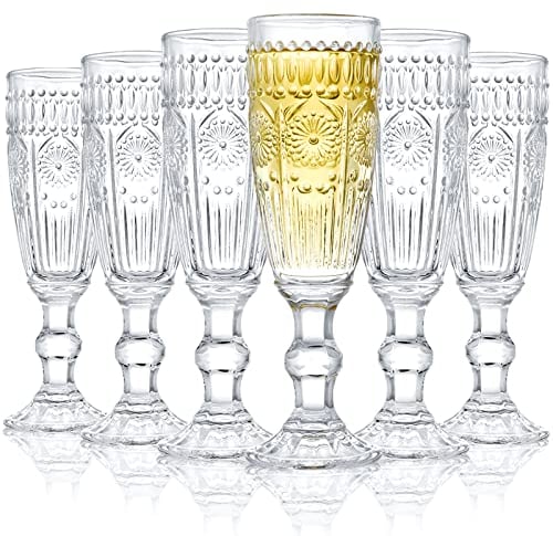 Kingrol 6 Pack 5 Ounces Glass Champagne Flutes, 150ml Vintage Sparkling Wine Glasses for Champagne, Cava, Prosecco