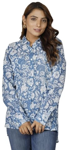 Handbedrucktes Boho Langarmhemd, luftiges Unisex Herrenhemd, hellblau | Baumwolle, normaler Schnitt, handgefertigter Blockdruck, ideal für warme Tage, lebendiger Charakter