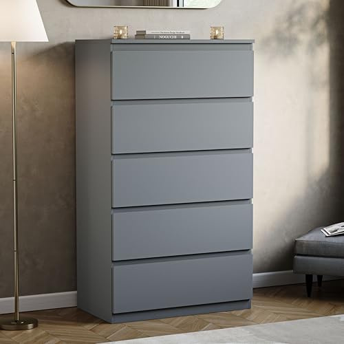 Vida Designs Denver 5 Drawer Chest of Drawers | Grey | Space-Saving Storage | 117H x 70W x 40D cm | Minimal | Smooth Metal Runner | Engineered Wood | Modern Bedroom Chest of Drawers Unit