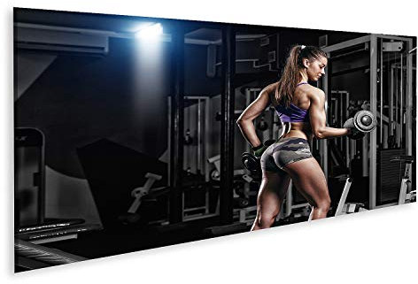 islandburner Bild auf Leinwand Sexy vollbusige Junge Frau beim Hanteltraining im Fitnessstudio Brunette Workout Wandbild Leinwandbild Bilder für Wohnzimmer GAYN-Pano