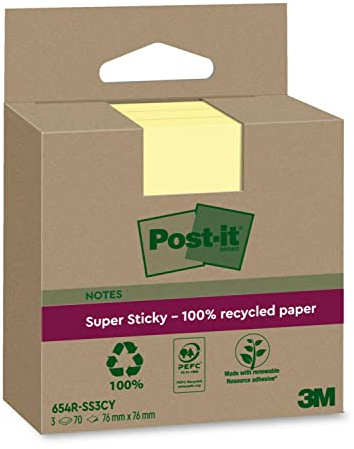 Post-it Super Sticky Recycling-Notes, 3 Blöcke (210 Blatt), 76 mm x 76 mm | Selbstklebende Haftnotizen mit Stärkerer Haftung, Klebezettel für Bürobedarf, Erinnerungen & To-Do-Listen; Repositionierbar