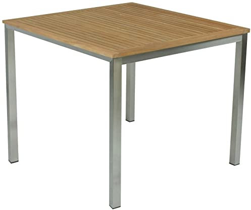 möbelando Gartentisch Denver aus Edelstahl/Holz in Hellbraun. Abmessungen (BxHxT) 90x75x90 cm