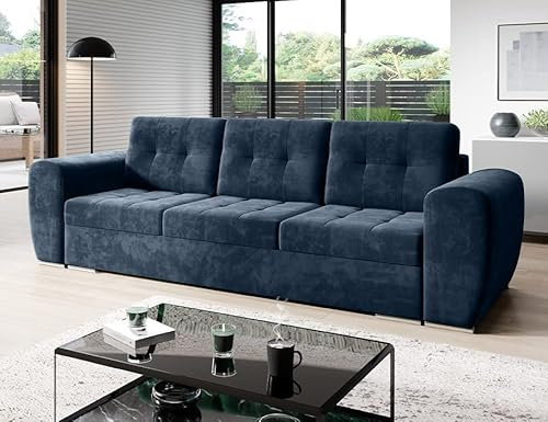 MODERNO Bari 3-Sitzer Sofa mit Schlaffunktion Couch Schlafsofa mit Bettkasten Schlafcouch Moderne Möbel ins Wohnzimmer Sofagarnituren Veloursstoff Steppsofa Blau