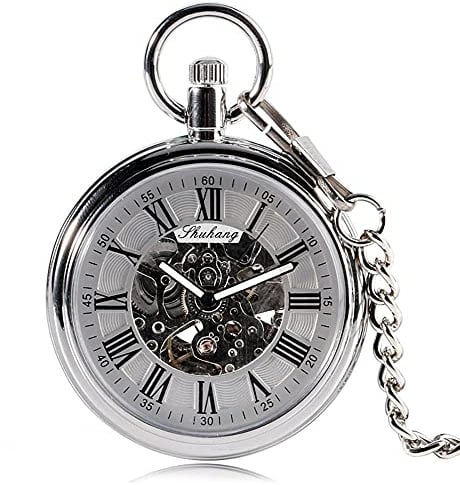 XOPIC Silberne automatische mechanische Taschenuhr Taschenuhr mit Selbstaufzug Einfacher klassischer offener Kettenanhänger mit römischer Zahl