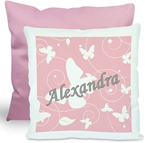 CreaDesign, Kinder Kissen 40x40 cm personalisiert mit Namen, Kinderzimmer Deko Kissen Kinder mit Füllung Federn, Motiv Schmetterling Altrosa, Rückenfarbe Rosa