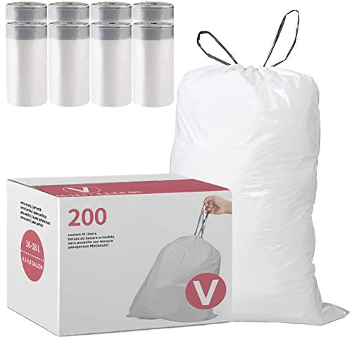 Displayforever Code V Trash Bags Compatible with simplehuman Code V Custom Fit Drawstring Trash Bags | 200 Count 4.2-4.8 Gallon / 16-18 Liter 1.2 Mil | White Heavy Duty Drawstring Garbage Liners