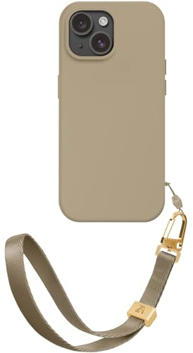 ZhinkArts - Handschlaufe mit Handyhülle kompatibel mit iPhone 13 - Handykette zum Umhängen - Band/Schnur abnehmbar - Silikon - Taupe - Beige