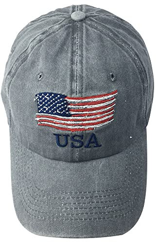 Kangqifen Herren Damen USA Flagge Stickerei Denim Baumwolle Baseball Caps Kappe Mütze(Grau)