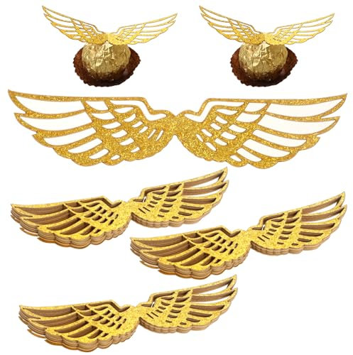 50 Stück Gold Glitter Flügel Kuchen Dekoration Schokolade Flügel Party Dekor Golden Snitch Wings Cupcake Topper mit Klebepunkt für Bonbons Kuchen Cupcakes Party Mottoparty